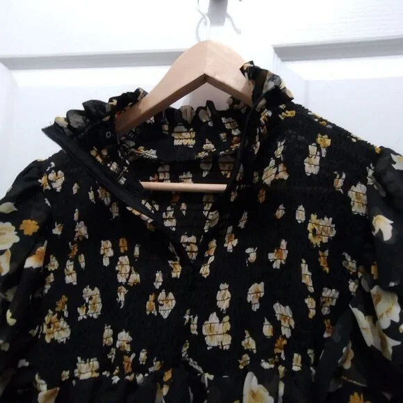 O.P.T. Floral Ruffle Neck Blouse Large Black Sheer Long Sleeve Romantic Top - Picture 10 of 15